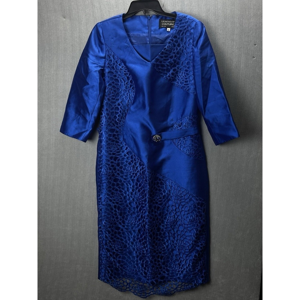 Lily & Taylor Couture Dress 8 Royal Blue Lace Cutwork Jeweled Formal Midi